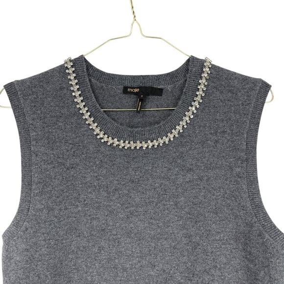 Maje Sleeveless Tank Sweater Vest Wool Cashmere Jeweled Collar Gray Size 2 US M - Picture 2 of 10